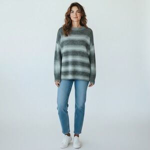 J. Jill Relaxed Funnel Neck Sweater Striped Gray Blue Knit Size Small Oversized‎